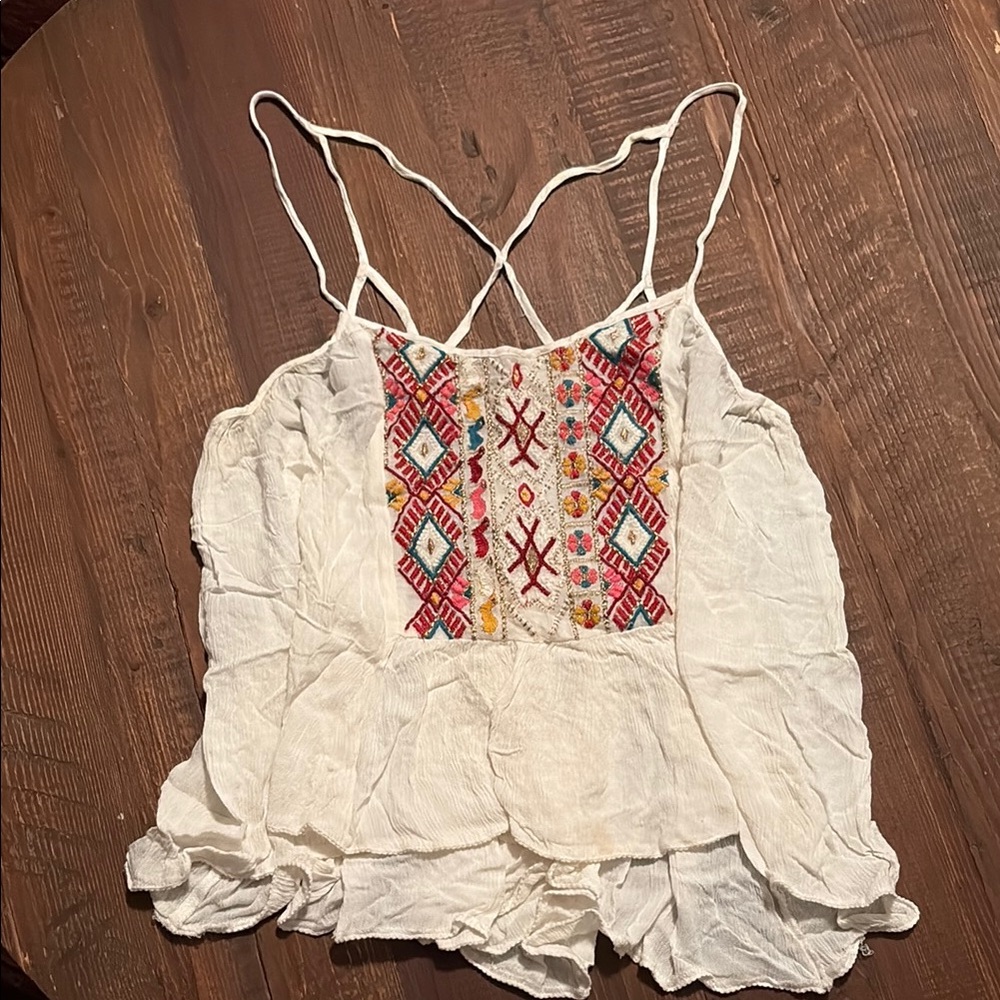 Ecote Ruffled White Camisole with Embellished Details